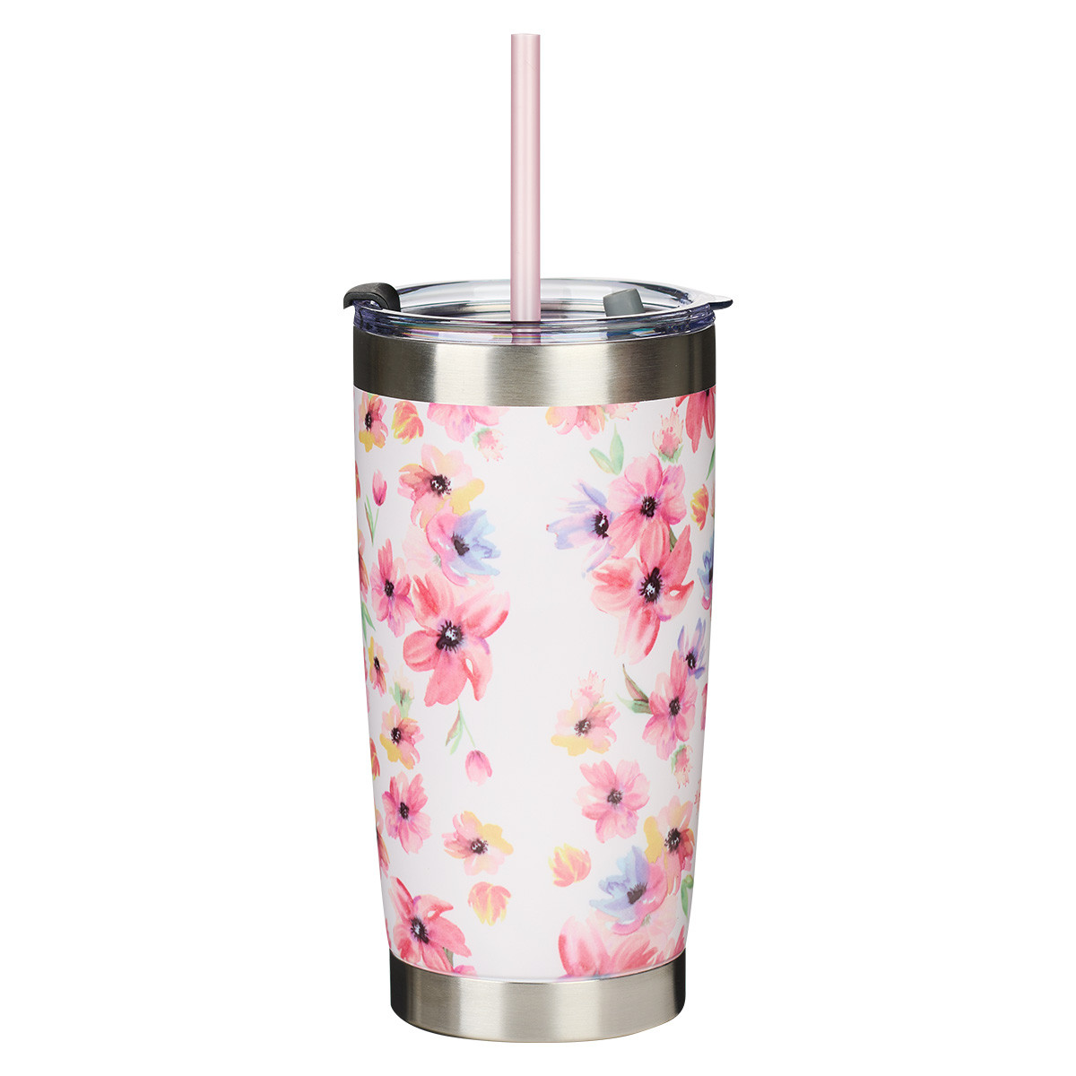 Kindness Matters Pink Cosmos Stainless Steel Travel Mug with Reusable Straw - Image 3