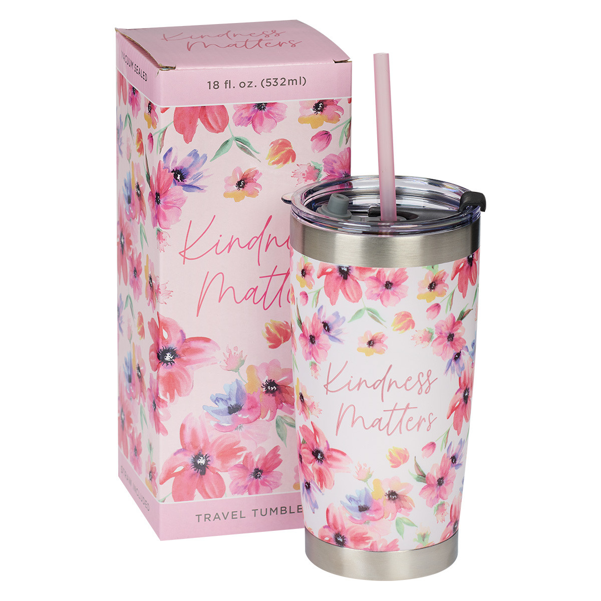 Kindness Matters Pink Cosmos Stainless Steel Travel Mug with Reusable Straw - Image 2