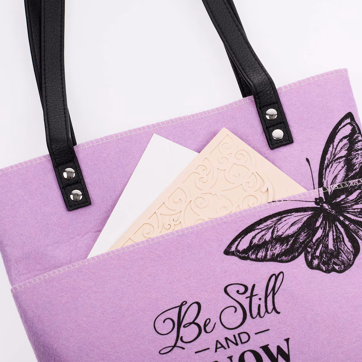 Be Still and Know Purple Butterfly Fashion Felt Bible Tote Bag - Psalm 46:10 - Image 3