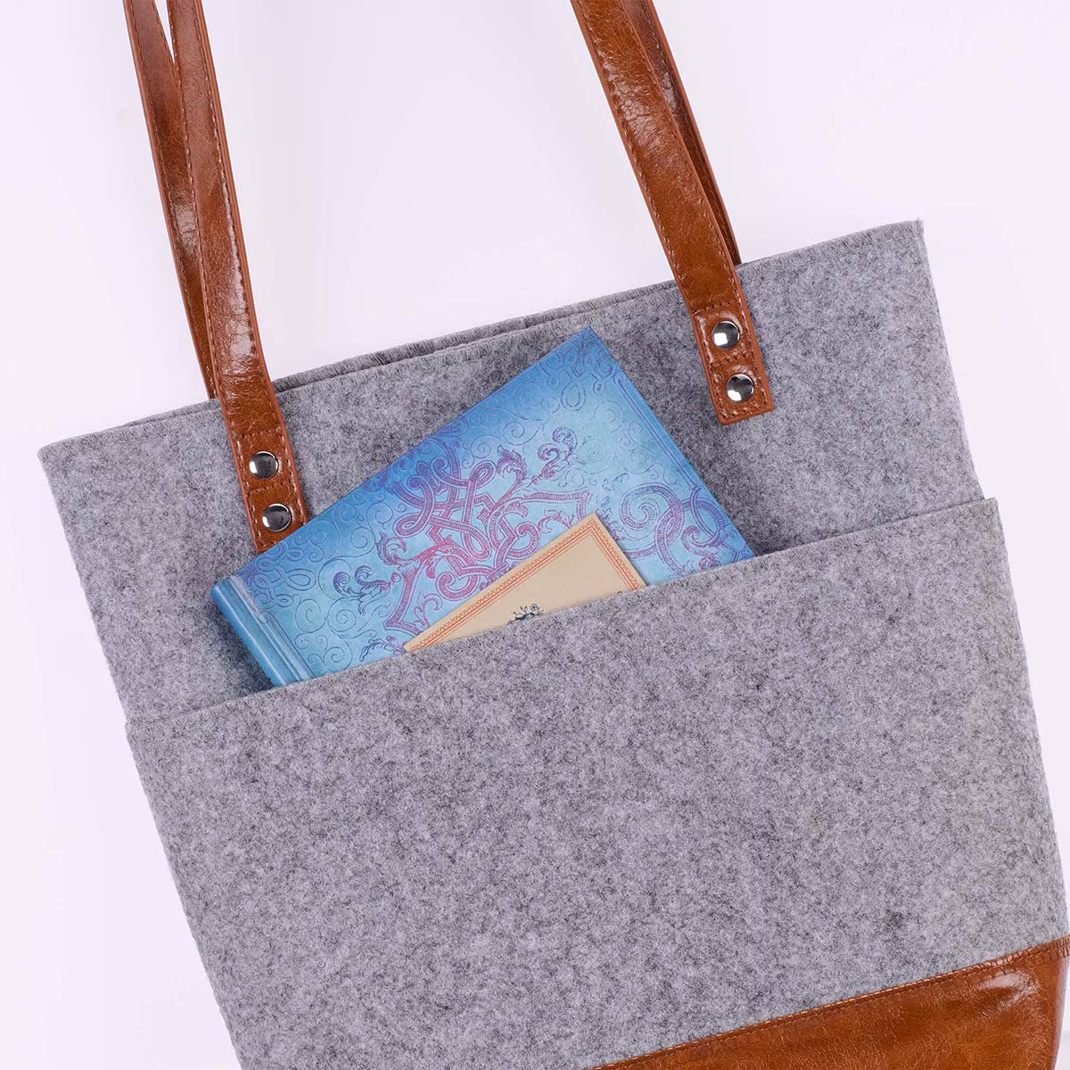 Silver Heart Heather Gray Felt and Toffee Brown Faux Leather Fashion Bible Tote Bag - Image 2
