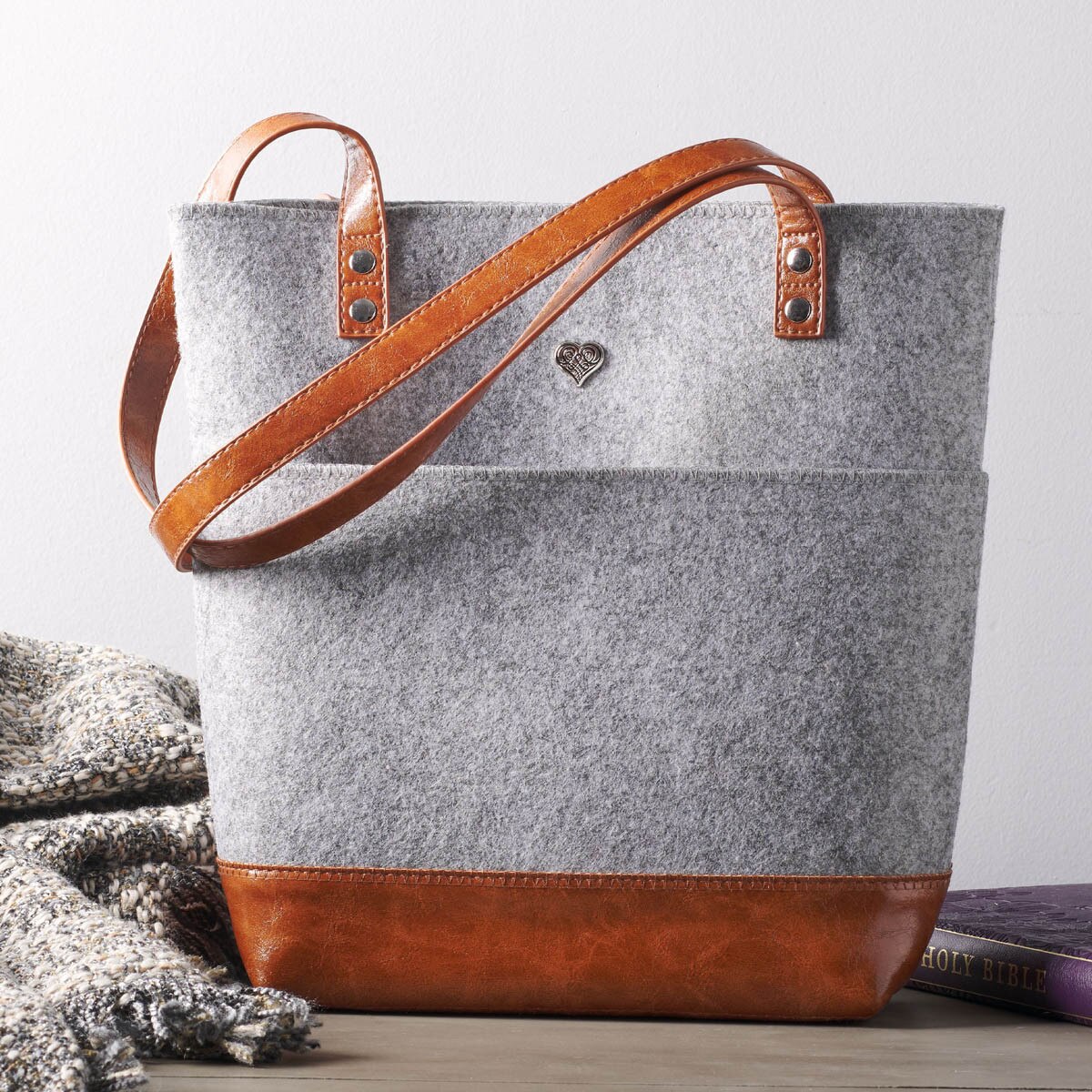 Silver Heart Heather Gray Felt and Toffee Brown Faux Leather Fashion Bible Tote Bag - Image 4